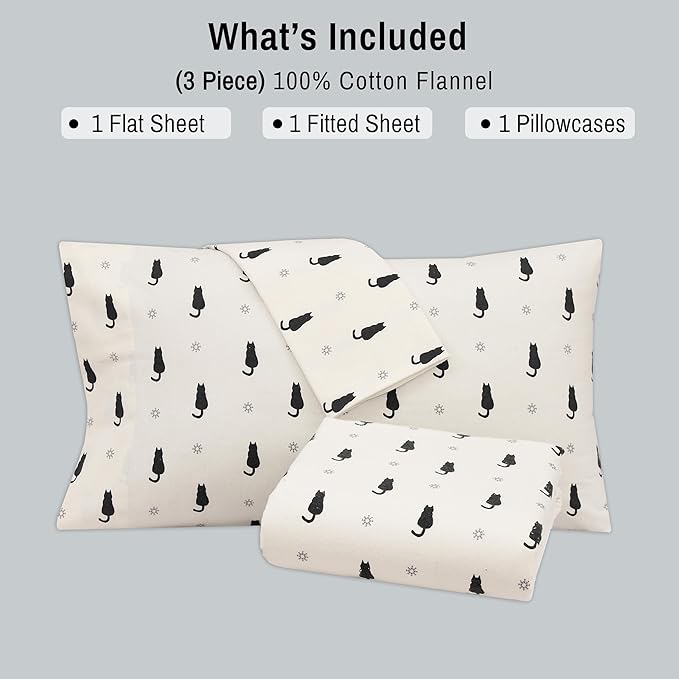 RUVANTI Flannel Sheets Twin Size - 100% Cotton Double Brushed Twin Sheets Set, Deep Pockets 16 Inches, All Seasons Breathable & Extra Soft Bed Sheets, Warm & Cozy, 3 Piece, Black Cat
