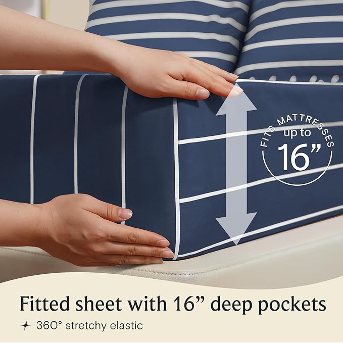 LuxClub 4 PC Cal King Size Sheet Set Bed Sheets, Breathable Luxury Deep Pockets Wrinkle Free Cooling Sheets Machine Washable Hotel Bedding (Cal King, Striped Navy)