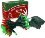 KOUQIYA Battery Operated Christmas Lights 2 Pack, 17ft 50 LED Mini String Light with Auto-Timer 8 Modes Waterproof Tree Lights (Red&Green)