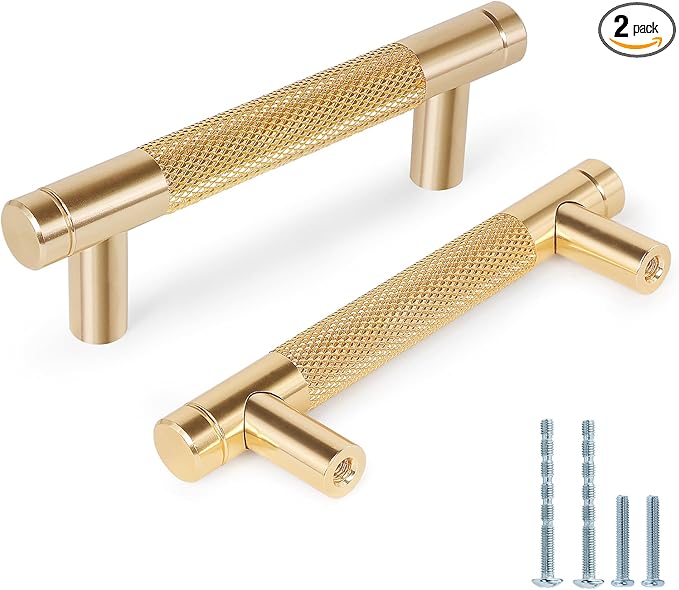 Knurled Cabinet Pulls 2 Pack, 4 Inch Long Cabinet Handles Metal Door Pulls, Kitchen Drawer Pull Knurled Dresser Handles - 3" Hole to Hole, Golden