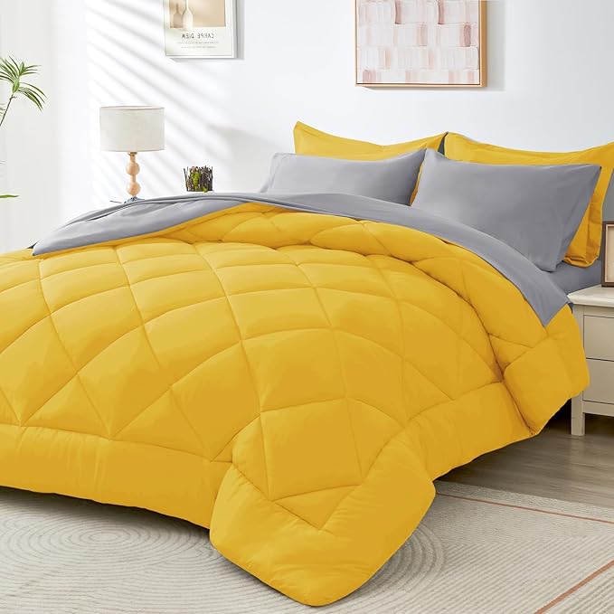 HEVUMYI Queen Comforter Set - 7-Piece All Season Bed in a Bag Queen, Ultra Soft Bedding Set with Comforter, Flat Sheet, Fitted Sheet, Pillowcases, Pillow Shams, Yellow & Light Grey