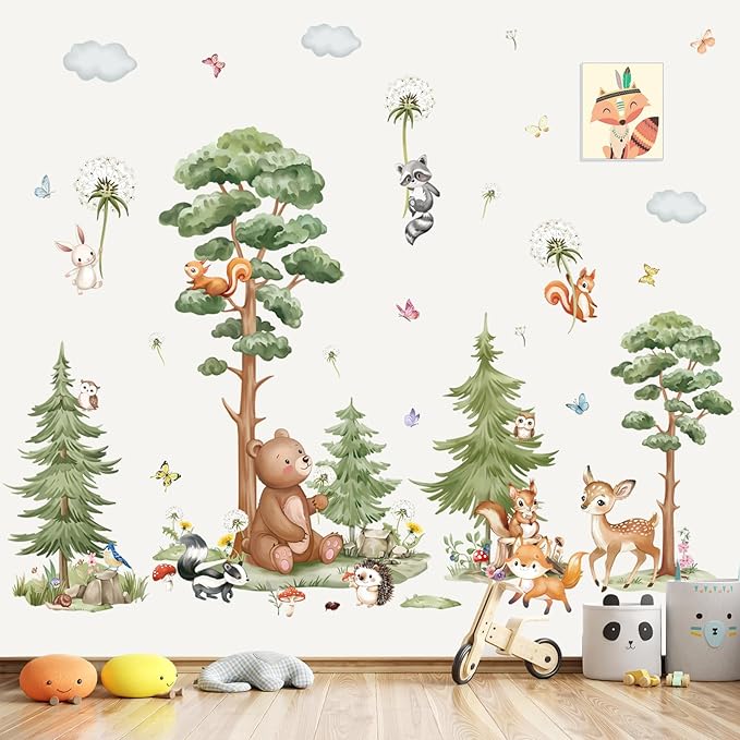 wondever Large Woodland Animal Tree Wall Stickers Forest Animals Bear Deer Dandelion Peel and Stick Wall Art Decals for Baby Nursery Kids Bedroom