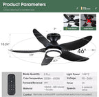 46 inch Ceiling Fans with Lights and Remote/APP Control, Modern Flush Mount Ceiling Fans with 5 Reversible Blades 6 Speeds, 3 Colors Dimmable+Ring Lights for Bedroom Dining Room, Black