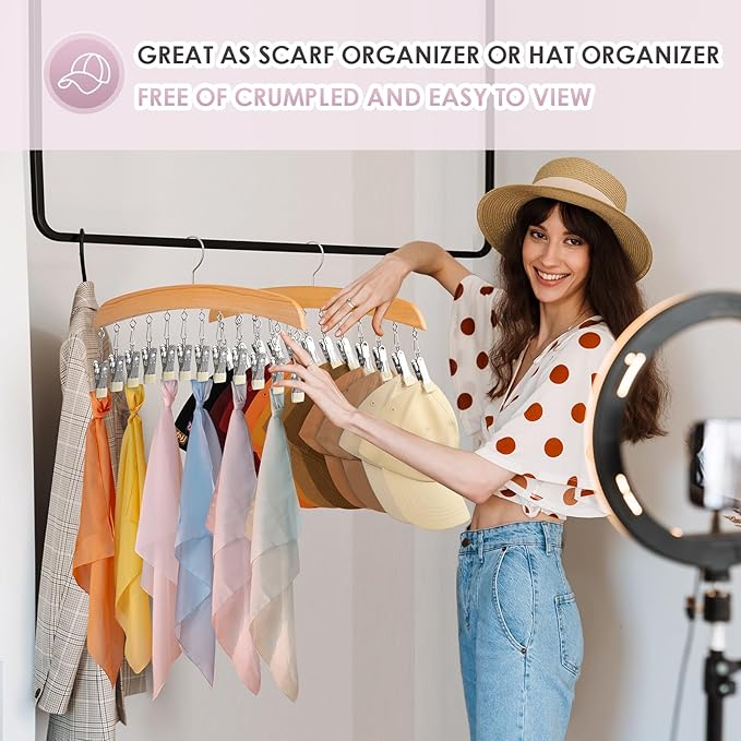 Leggings Hangers, Wooden Closet Hanging Leggings Storage Organizer Scarf Hangers with 24 Clips, 360° Swivel Hook, Burlywood, 2 Pcs