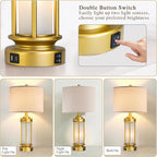 Set of 2 Modern Table Lamps for Living Room, Farmhouse Vintage Bedside Lamp with 2 USB Ports Glass Nightlight, Gold Nightstand Desk Lamps for Entryway Bedroom Dresser, 4 Bulbs Included