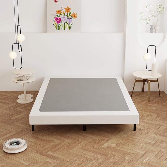 Queen Box Spring 4 Inch Low Profile, Heavy Duty Metal Box Spring Bed Base with Fabric Cover, Mattress Foundation, Easy Assembly, Noise Free, Black