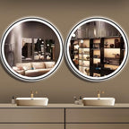 36 Inch Black Frame Round LED Bathroom Mirror Anti-Fog Smart Memory 3 Color Adjustable Brightness Frontlit 36" Black Framed Circle Round Lighted Vanity Mirror for Bathroom Wall Mounted