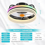 Flush Mount Ceiling Fan with Light - Small Low Profile Ceiling Fan,13" RGB Dimmable LED Bladeless Ceiling Fans, Modern Enclosed LED-RGB Ambient Light for Bedroom, Kids Room, Party