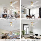 BOJUE 60 Inch Wood Ceiling Fans with Lights and Remote, White Gold Outdoor Ceiling Fan with Light, Dimmable 3 Blades Outdoor Fans for Patios Noiseless Modern Ceiling Fans for Bedroom Living Room