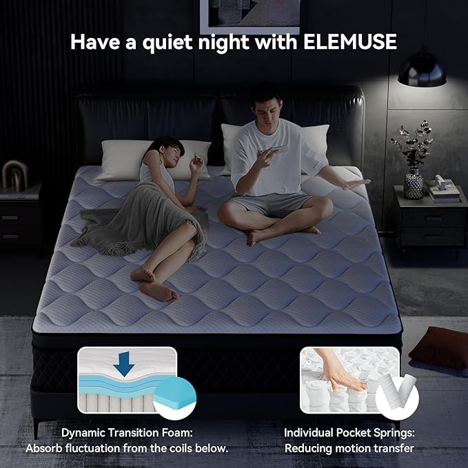 ELEMUSE Cal King Mattress, 10 Inch Hybrid Memory Foam Mattress in a Box, Pressure Relieving Comfort, Individual Pocket Springs for Motion Isolation, Medium Firm, CertiPUR-US Certified, Fiberglass Free