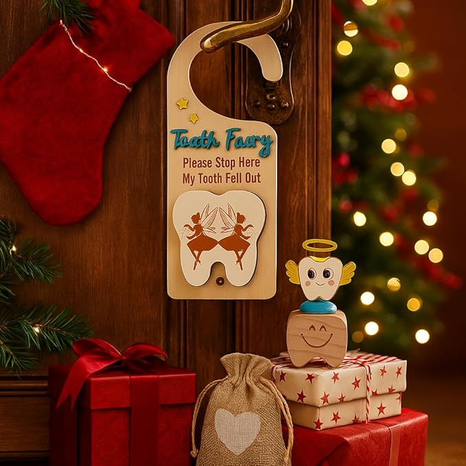 4Pcs Tooth Fairy Door Holder - Wooden Door Hanger Gift Set with Keepsake Box and Bag & Reward Badge, Gifts and Bedroom Decorations Suitable for Lost Teeth Girls and Boys