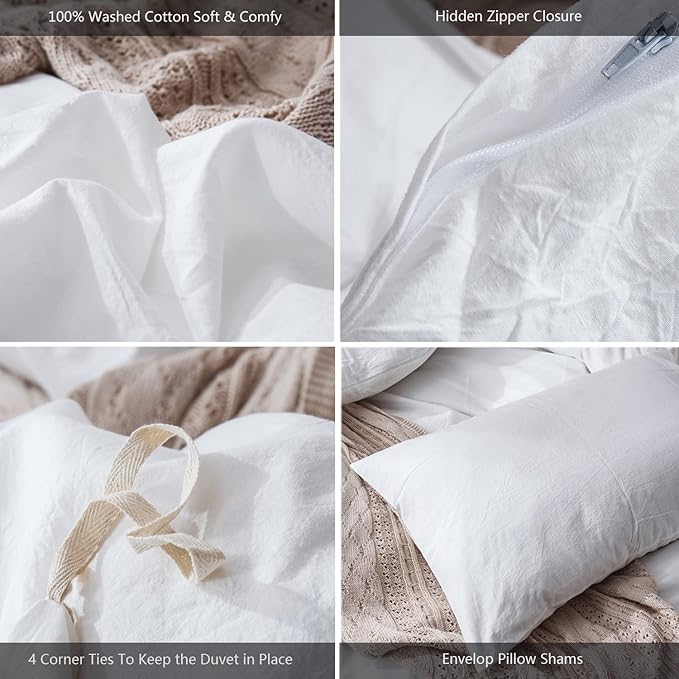 MooMee Bedding Duvet Cover Set 100% Washed Cotton Linen Like Textured Breathable Durable Soft Comfy (Solid Off White, Cal King 104"x98")