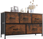 Sweetcrispy Dresser for Bedroom with 5 Storage Drawers, Fabric Storage Tower Organizer, Chest of Drawers with Metal Frame Wooden Top for Closet, Living Room, Entryway, Rust Brown