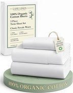 LANE LINEN 100% Organic Cotton Twin Sheets Set, 3Pc Twin Bed Sheets, Soft & Comfy Breathable Cotton Percale Sheets for Twin Size Bed, Dorm Room Essentials Low Pill Fade Resistant White Sheets