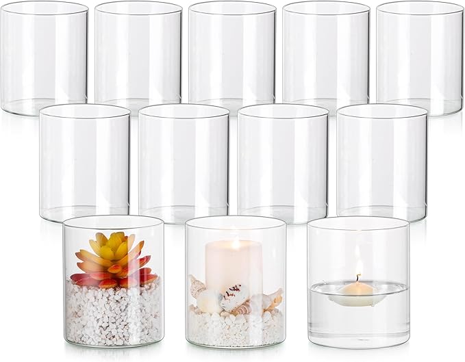 Glasseam Glass Hurricane Candle Holder Set of 12, Cylinder Pillar Candle Holders for Table, Modern Floating Candle Decorations, Clear Glass Cylinder Vase for Centerpieces Wedding Dining Table, 4inch