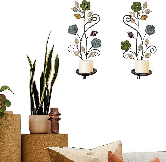 Wall Sconces Candle Holder Set of 2, Antique Color Style Leaf Branch Wall Mount Hanging Metal Wall Candle Holder Candle Sconce for Living Room Dining Room…
