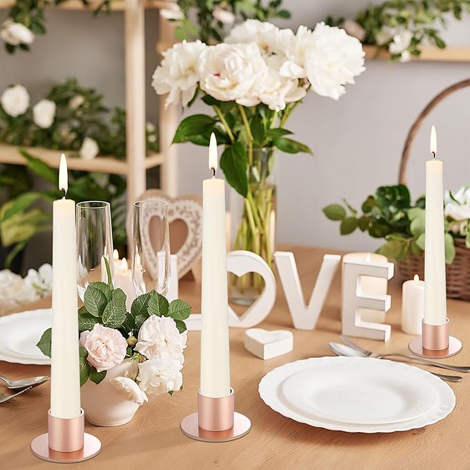 24 Pcs Rose Gold Taper Candle Holders Bulk for Pillar Candles Metal Short Candlestick Holder Rose Gold Centerpieces Decoration for Christmas Thanksgiving Anniversary Dinner Party