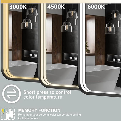24x36 Inch LED Bathroom Mirror with Lights, Black Metal Framed LED Mirror for Bathroom, 3 Colors and Stepless Dimmable Wall Mounted Lighted Bathroom Vanity Mirror, Anti-Fog, Memory
