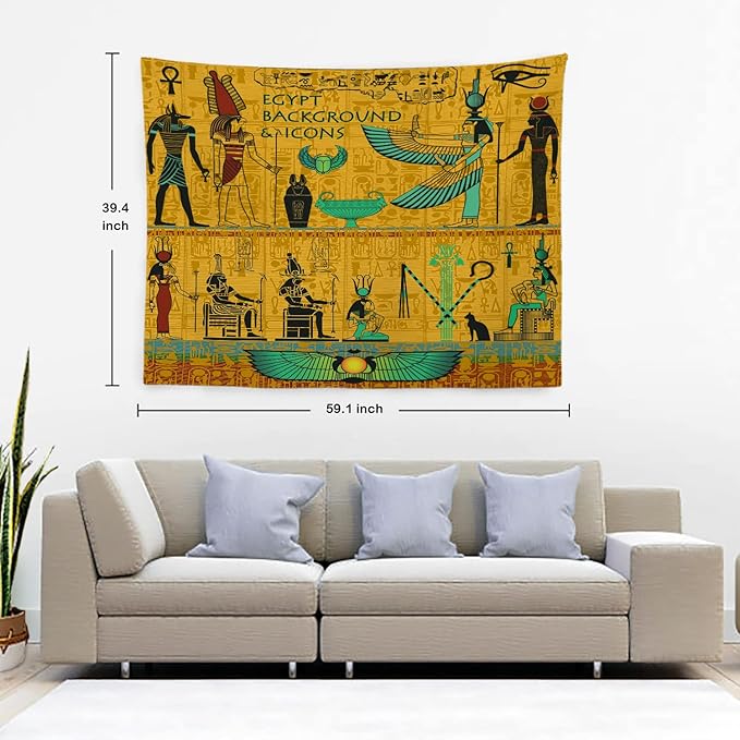 Batmerry Yellow Ancient Egyptian Tapestry, Horus Wall Art Hanging Decoration Polyester Fiber White Ruffled Around for Dorm Room Bedroom Living Room, 39.1x59.1 inches