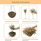Artificial Hanging Flowers Basket for Outdoor, 16 Fake Flowers Look Real UV Resistant, Faux Hanging Plants for Porch, Balcony, Patio, Garden, Spring Summer Decor,Pink