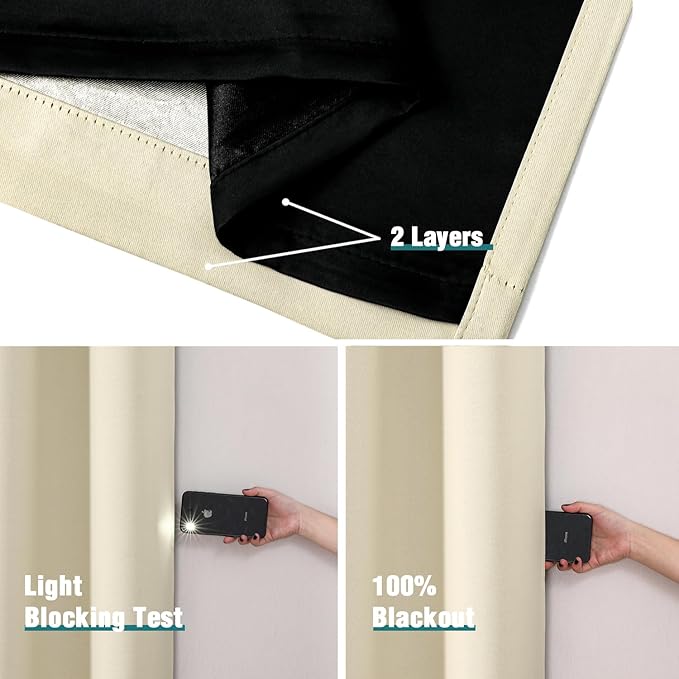 ChrisDowa 100% Blackout Curtains 95 inch Long for Bedroom with Black Liner, 2 Thick Layers Total Blackout Thermal Insulated Grommet Window Curtains 2 Panels Set (Light Beige, 52 x 95 Inch)