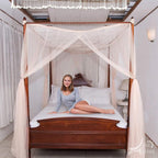Just Relax Four Corner Post Decorative Elegant Bed Net Canopy Set, Beige, Full/Queen/King, 86.6x78.7x98.4 Inches