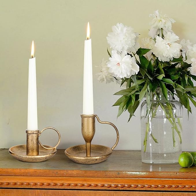Iron Taper Candle Holder Set of 2 Antique Brass Candlestick Holders Vintage Decorative Candles Stand for Wedding Party Decoration Dinning Table Housewarming Gift