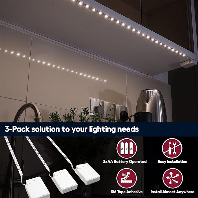 Battery Powered LED Strip Lights, Wireless LED Strip Lights 40 inch x 3 Pack for Kitchen Under Cabinet Lighting, Shelves, Under Counter, Closet, Cordless Click Light, Neutral White 4000K