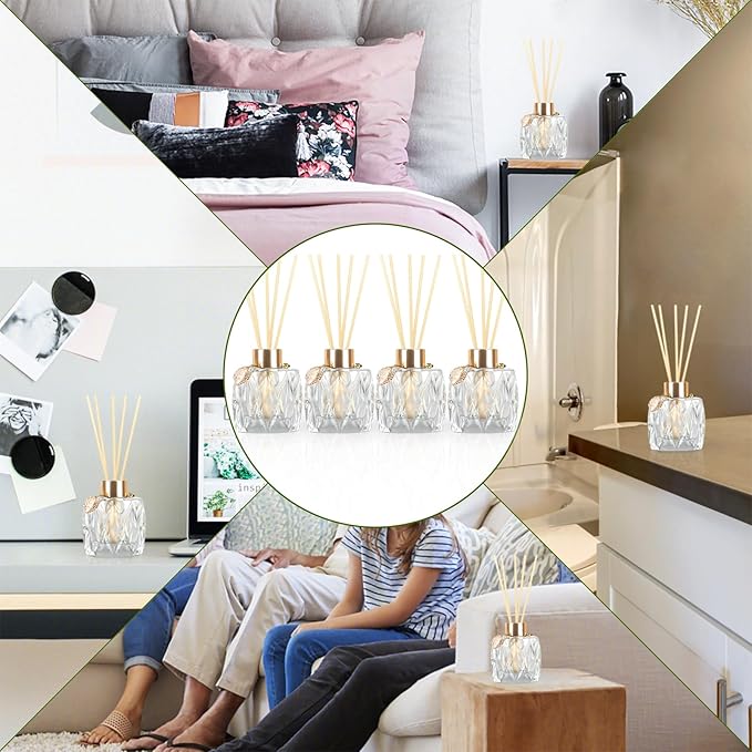 4Pcs Reed Diffuser Set with Metal Golden Decoration, 3.5oz Empty Reed Diffuser Bottles with 20Pcs Reed Diffuser Sticks, Unique Design Bottles for Home and Office(Prismatic)