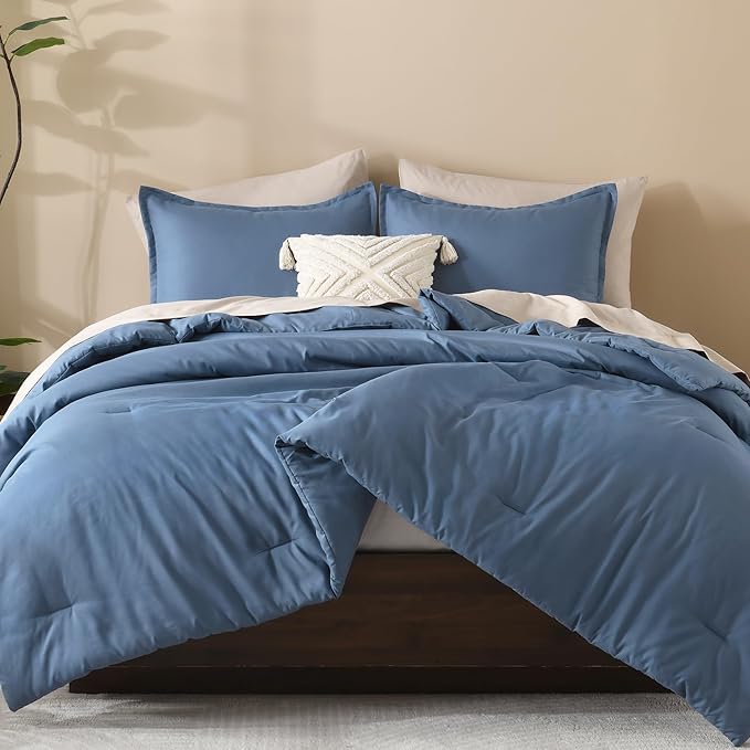 Litanika Haze Blue Oversized King Comforter Set Super King Plus Size, 3 Pieces Lightweight Solid Bedding Comforter Set, All Season Fluffy Bed Set (128x120In Comforter & 2 Pillowcases)