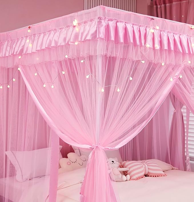 Mengersi Bed Canopy for Girls,Canopy Bed Curtains Canopy for Bed Drapes,Princess Bed Curtains Birthday Present Girls Room Decor,Pink