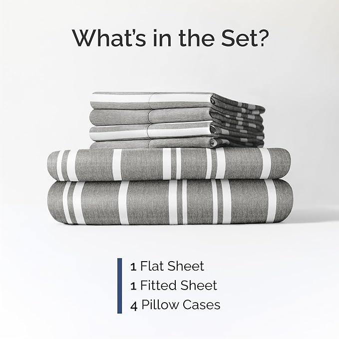 Queen 6 Piece Sheet Set - Comfy Breathable & Cooling - Soft Hotel Luxury Bedding Set with 8-16 Inch Deep Pockets - 1 Flat & 1 Fitted Sheet & 4 Pillowcases - Wrinkle Free & Easy Care - Grey Stripes 3