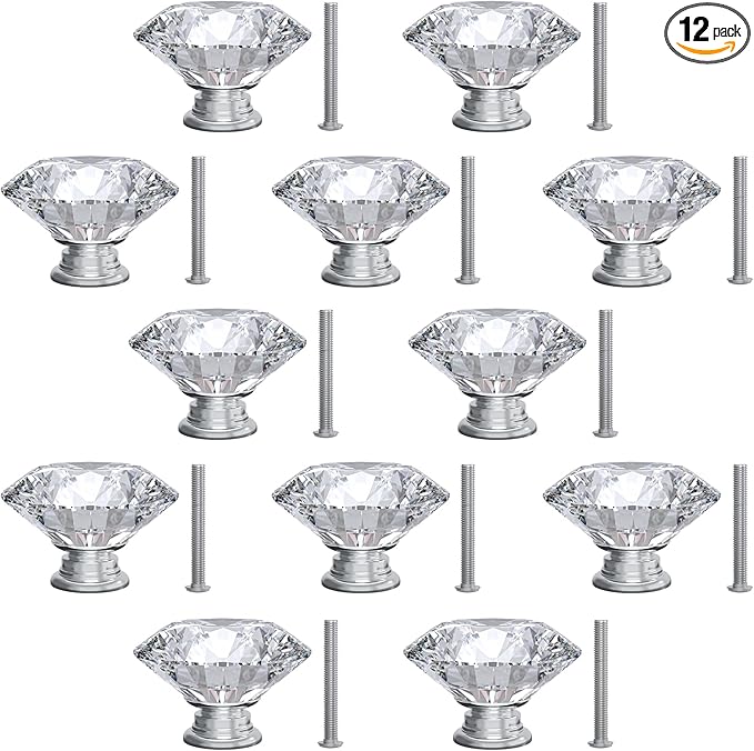 Tomorotec 12-Pack 30mm Crystal Clear Glass Silver Base Cabinet Drawer Pulls, Diamond Shape Cupboard Knobs with Screws for Kitchen, Dresser, Cupboard, Bathroom, Wardrobe (1.2 inch/30mm)