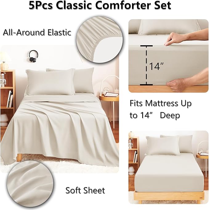 CozyLux Twin Comforter Set with Sheets Beige - 5 Pieces Bed in a Bag Twin, All Season Bed Set for Girls and Boys, Bedding Set with Down Alternative Comforter, Sheets, Pillowcase & Sham