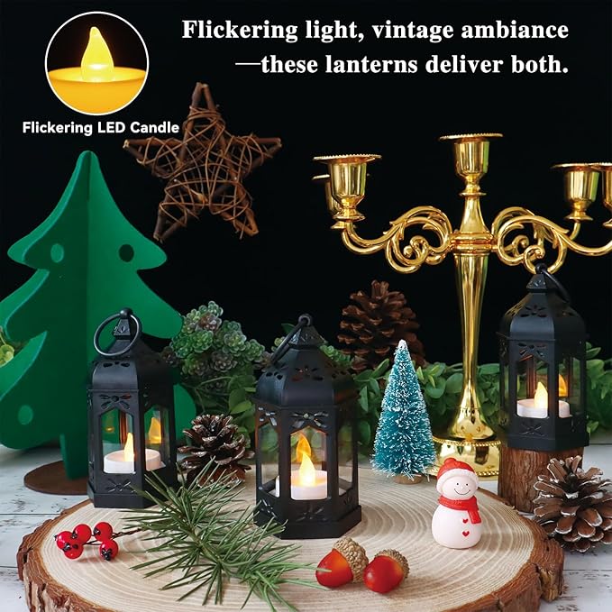 LLQ 8Pcs Mini Lanterns for Centerpiece, Ramadan Decorations, Battery Included, Decorative Candle Lanterns for Indoor, Small Vintage Lantern for Halloween Christmas Wedding Table Decor, Black