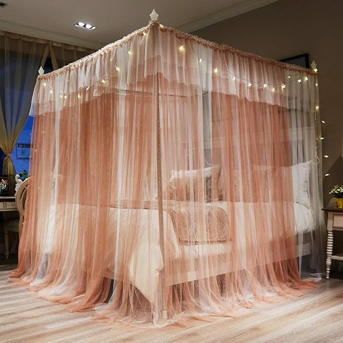 Joyreap Luxury 4 Corners Post Canopy Bed Curtains - Coral & White Cozy Drape Netting - Cute Princess Bedroom Decoration Accessories(Reddish Brown, 47" W x 78" L, Twin)