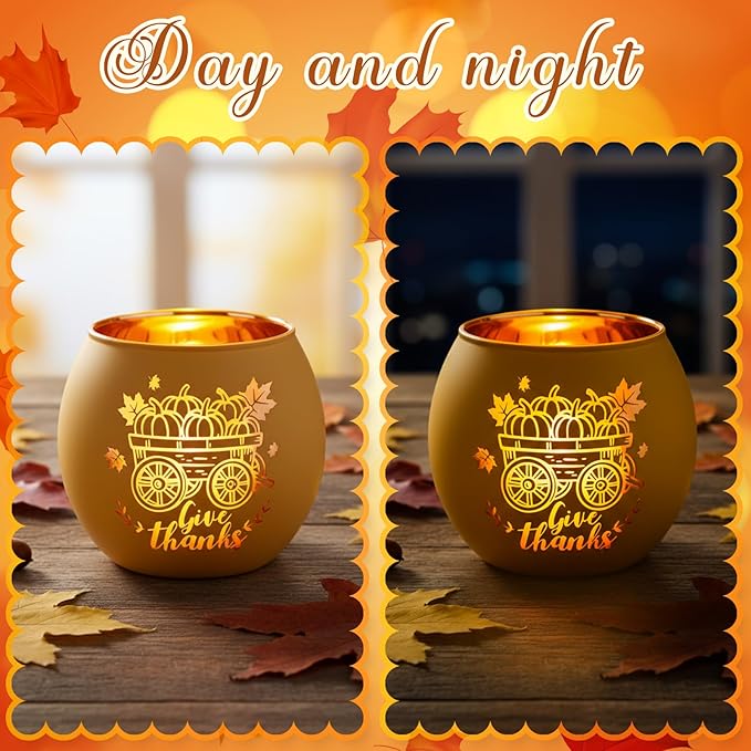 VIHOSE 6 Set Thanksgiving Votive Candle Holders with 6 LED Battery Operated Candles Fall Glass Tealight Holders Fall Table Decorations for Home Table Centerpiece Decor Gifts