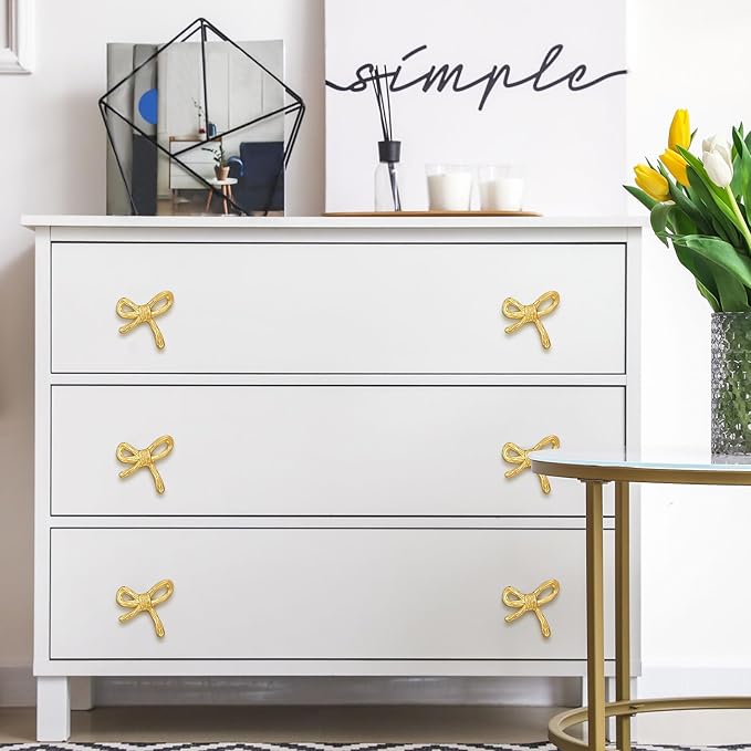 8 Pcs Bow Knobs for Dresser Matel Bow Drawer Knobs Vintage Dresser Handles Cabinet Drawer Pulls for Home Bedroom Kitchen Cabinets Hardware Cupboard (Gold,Classic Style)