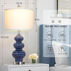 26" Blue Table Lamp Set of 2 with USB A+C Ports & AC Outlet, Ceramic Table Lamps Classic Beside Lamps Nightstand Lamp Modern Table Lamp for Living Room,LED Bulbs Included