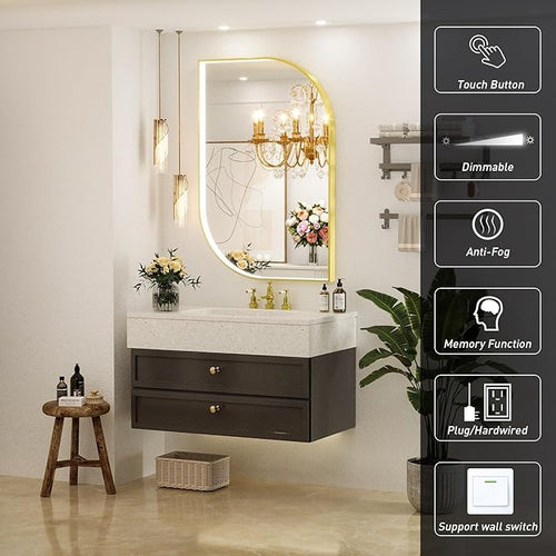 24X36 Inch LED Mirror for Bathroom with Lights,Gold Frame Lighted Irregular Asymmetrical Unique Vanity Wall Mirror,Anti-Fog,Dimmable