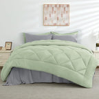 HEVUMYI Queen Comforter Set - 7-Piece All Season Bed in a Bag Queen, Ultra Soft Bedding Set with Comforter, Flat Sheet, Fitted Sheet, Pillowcases, Pillow Shams, Sage Green & Light Grey