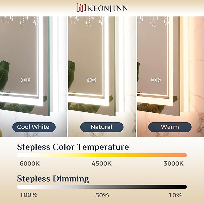 Keonjinn LED Bath Mirror 40” x 36” with Frontlit and Backlit, Stepless 3 Colors Temperature & Dimmable Vanity Mirror, UL Listed LED Driver, Double Light Strips, Anti-Fog Wall Mirror with Lights
