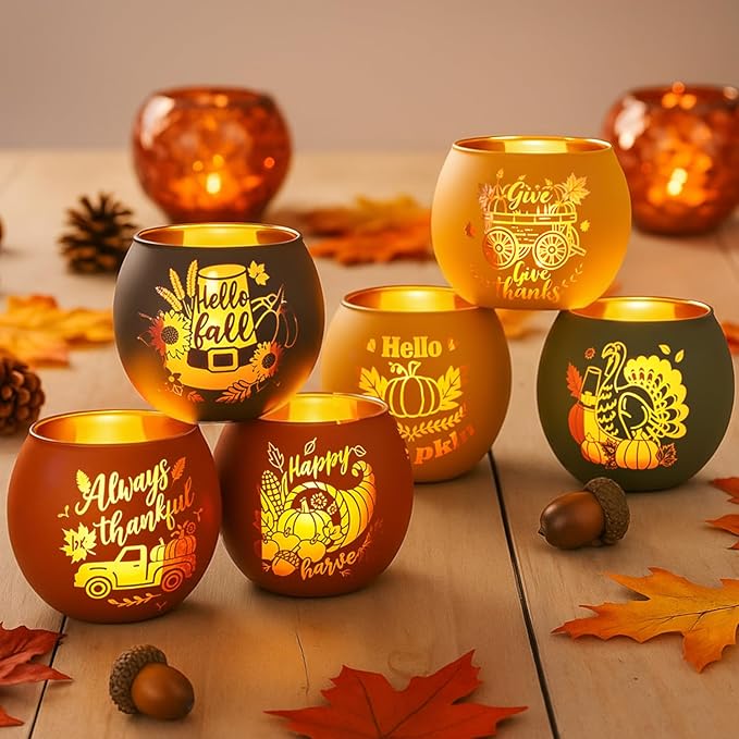 VIHOSE 6 Set Thanksgiving Votive Candle Holders with 6 LED Battery Operated Candles Fall Glass Tealight Holders Fall Table Decorations for Home Table Centerpiece Decor Gifts