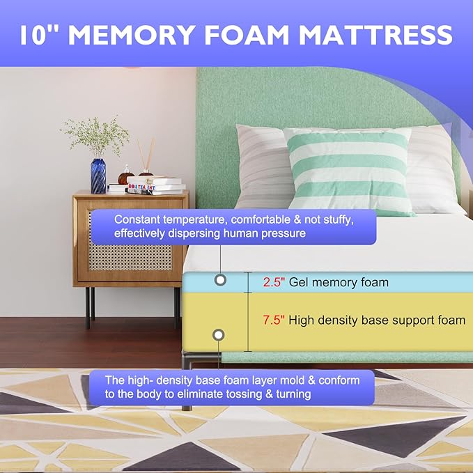 PayLessHere 10 Inch Gel Memory Foam Mattress Medium Firm Mattresses CertiPUR-US Certified Bed-in-a-Box Pressure Relieving Twin XL Size,Fiberglass Free，White