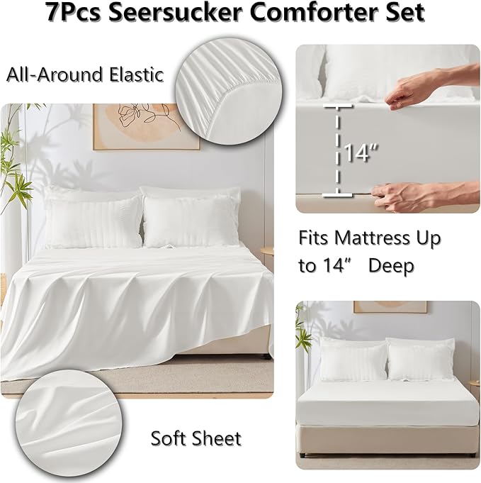 CozyLux Queen Comforter Set White Seersucker 7 Pieces Bed in a Bag Queen Comforter Set with Sheets, Luxury Soft Bedding Set with Down Alternative Comforter, Sheets, Pillowcases & Shams for All Seasons