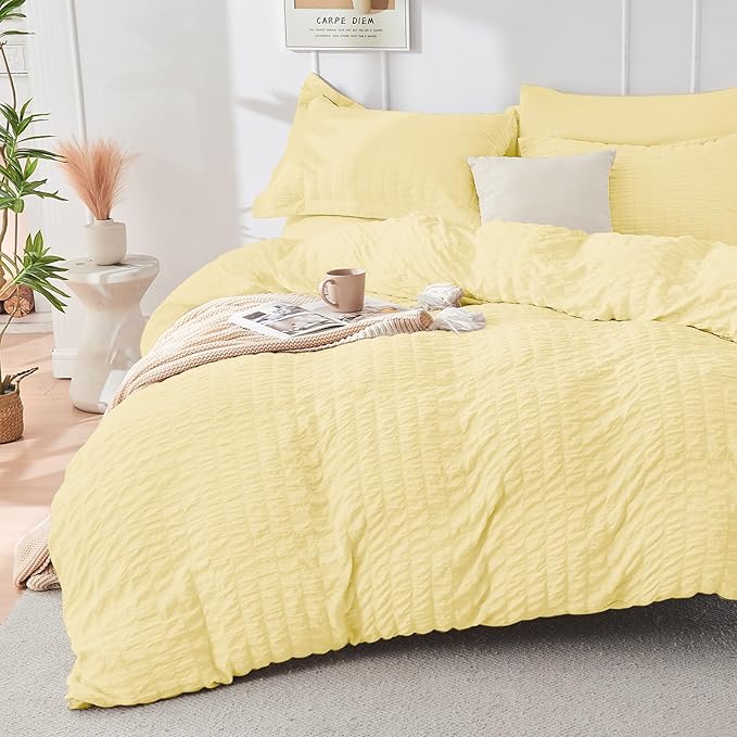 HYMOKEGE Yellow California King Comforter Set Seersucker 7 Pieces, All Season Luxury Bed in a Bag for Bedroom, Bedding Set with Comforter, Sheets, Pillowcases & Shams