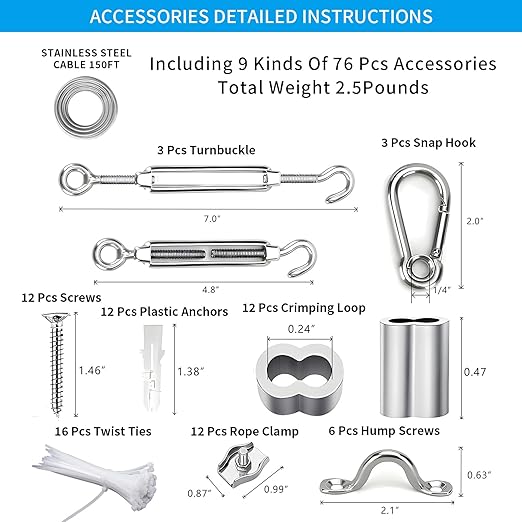 Globe String Light Suspension Kit, Outdoor Light Guide Wire, Vinyl Coated Stainless Steel Steel Cable，Include 150ft Transparent PVC and 304 Stainless Steel Wire Cable, Turnbuckle and Hooks