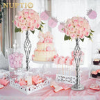 Set of 2 Versatile Silver Flower Arrangement Stand & Pillar Candle Holder Set for Wedding Party Dinner Centerpiece Event Restaurant Hotel Decoration (Silver Twist Style, 2 x L)