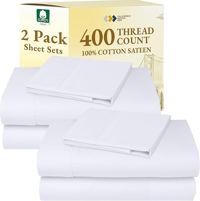 California Design Den 2-Pack Twin XL Sheet Sets Cotton - 400 Thread Count 100% Cotton Sateen - Soft, Breathable & Cooling Sheets, Wrinkle Resistant, 2 Sets of Deep Pocket Bed Sheets - Bright White