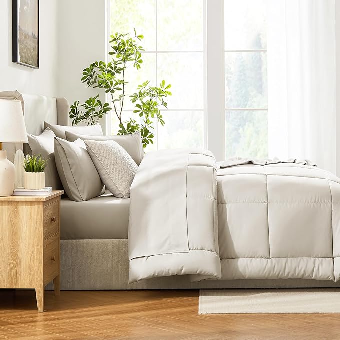 CozyLux California King Comforter Sets Oatmeal, 7 Pieces Cal King Bed in a Bag, All Season Bedding Sets with Stitch Quilted Comforter, Flat Sheet, Fitted Sheet, Pillowcases